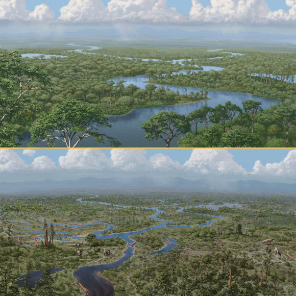 Dinosaurs were ecosystem engineers, preventing dense forests from growing; their sudden demise led to widescale ecological changes, as represented here in an artistic rendering. Image credit: Julius Csotonyi.