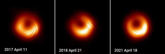 As shown in these EHT images, while M87*’s magnetic fields appeared to spiral in one direction in 2017, they settled in 2018 and reversed direction in 2021. Image credit: EHT Collaboration.