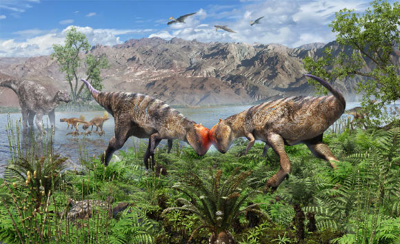 Young Zavacephale rinpoche duel for territory along a lakeshore 108 million years ago. Image credit: Masaya Hattori.