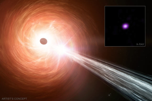 An artist’s illustration and an X-ray image from Chandra of RACS J0320-35. Image credit: NASA / CXC / INAF-Brera / Ighina et al. / SAO / M. Weiss / N. Wolk.