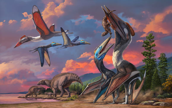 Life restoration of the Bayanshiree azhdarchid pterosaurs: the co-existence between Gobiazhdarcho tsogtbaatari and Tsogtopteryx mongoliensis in the Bayanshiree paleoenvironment, with a group of Gobihadros mongoliensis nearby. Image credit: Zhao Chuang.