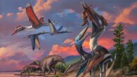 Life restoration of the Bayanshiree azhdarchid pterosaurs: the co-existence between Gobiazhdarcho tsogtbaatari and Tsogtopteryx mongoliensis in the Bayanshiree paleoenvironment, with a group of Gobihadros mongoliensis nearby. Image credit: Zhao Chuang.