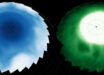 Detections of near-infrared emissions in Saturn’s ionosphere (left) show dark bead-like features embedded within bright aurora; in the stratosphere (right), 500 km below, a lopsided star-pattern extends towards the equator. Image credit: NASA / ESA / CSA / Webb / Stallard et al.