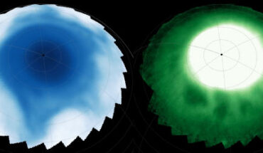 Detections of near-infrared emissions in Saturn’s ionosphere (left) show dark bead-like features embedded within bright aurora; in the stratosphere (right), 500 km below, a lopsided star-pattern extends towards the equator. Image credit: NASA / ESA / CSA / Webb / Stallard et al.
