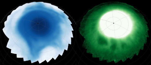 Detections of near-infrared emissions in Saturn’s ionosphere (left) show dark bead-like features embedded within bright aurora; in the stratosphere (right), 500 km below, a lopsided star-pattern extends towards the equator. Image credit: NASA / ESA / CSA / Webb / Stallard et al.