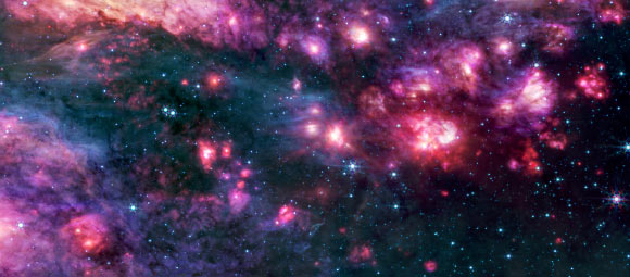 Webb’s MIRI (Mid-Infrared Instrument) shows the Sagittarius B2 region in mid-infrared light, with warm dust glowing brightly. Image credit: NASA / ESA / CSA / STScI / A. Ginsburg, University of Florida / N. Budaiev, University of Florida / T. Yoo, University of Florida / A. Pagan, STScI.