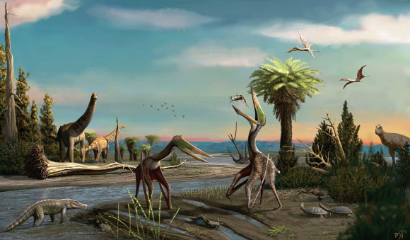 Life reconstruction of a pair of Galgadraco zephyrius in a Late Maastrichtian environment, showcasing the paleobiota of the Serra da Galga Geosite. Image credit: Matheus Gadelha.