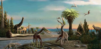 Life reconstruction of a pair of Galgadraco zephyrius in a Late Maastrichtian environment, showcasing the paleobiota of the Serra da Galga Geosite. Image credit: Matheus Gadelha.