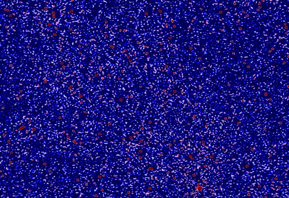 A small part of the sky seen in radio waves by the Murchison Widefield Array. Image credit: Nunhokee et al. / ICRAR / Curtin University.
