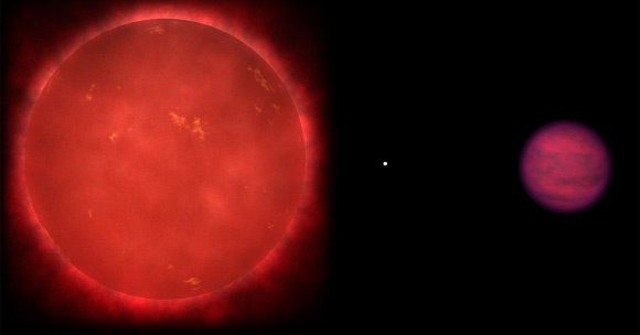 Schematic of the Wolf 1130ABC triple system, composed of the red dwarf star Wolf 1130A (left), its close and compact white dwarf companion Wolf 1130B (center), and the distant brown dwarf Wolf 1130C (right); the three components of this system are shown scaled to their relative sizes. Image credit: Adam Burgasser.