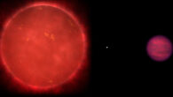 Schematic of the Wolf 1130ABC triple system, composed of the red dwarf star Wolf 1130A (left), its close and compact white dwarf companion Wolf 1130B (center), and the distant brown dwarf Wolf 1130C (right); the three components of this system are shown scaled to their relative sizes. Image credit: Adam Burgasser.