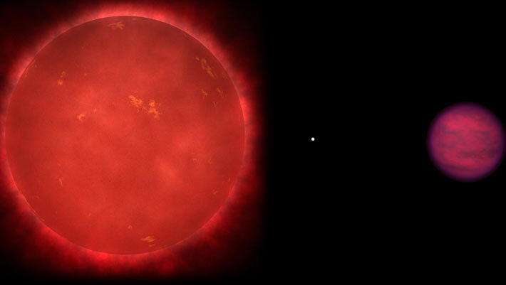 Schematic of the Wolf 1130ABC triple system, composed of the red dwarf star Wolf 1130A (left), its close and compact white dwarf companion Wolf 1130B (center), and the distant brown dwarf Wolf 1130C (right); the three components of this system are shown scaled to their relative sizes. Image credit: Adam Burgasser.