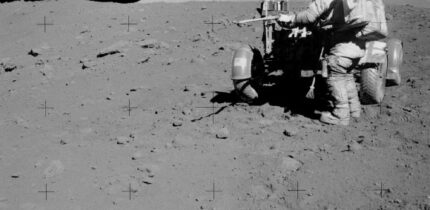 Commander Eugene Cernan retrieves a drive tube from the Lunar Roving Vehicle during an Apollo 17 EVA. Image credit: NASA.