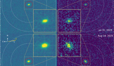 Stacked images of the interstellar comet 3I/ATLAS acquired with the Ultraviolet/Optical Telescope aboard NASA’s Neil Gehrels Swift Observatory: the first were obtained on July 31 and August 1, 2025 (visit 1, top half of figure) and the second on August 19, 2025 (visit 2, bottom half of figure). Image credit: Xing et al., doi: 10.3847/2041-8213/ae08ab.