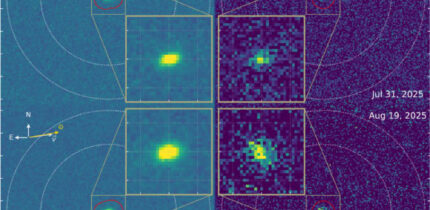 Stacked images of the interstellar comet 3I/ATLAS acquired with the Ultraviolet/Optical Telescope aboard NASA’s Neil Gehrels Swift Observatory: the first were obtained on July 31 and August 1, 2025 (visit 1, top half of figure) and the second on August 19, 2025 (visit 2, bottom half of figure). Image credit: Xing et al., doi: 10.3847/2041-8213/ae08ab.