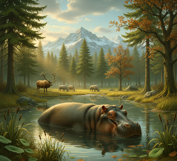 Radiocarbon dating reveals the mid-Weichselian presence of common hippos (Hippopotamus amphibius) in the Upper Rhine Graben in Germany. Image credit: Gemini AI.