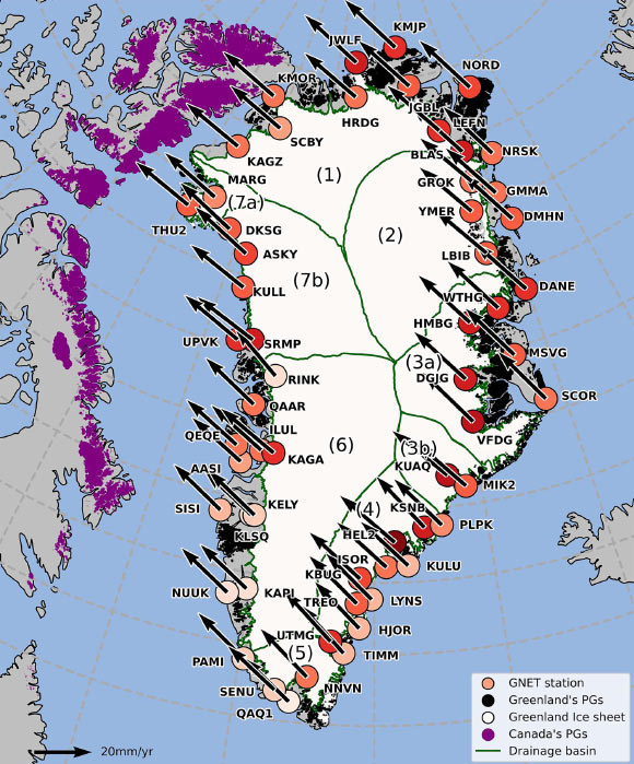 Horizontal land motion observed by the 58 GNET stations in Greenland. Image credit: Longfors Berg et al., doi: 10.1029/2024JB030847.