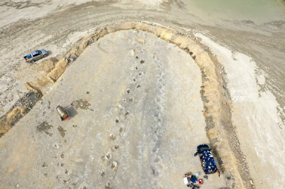 The 166-million-year-old sauropod dinosaur trackways at Dewars Farm Quarry in Oxfordshire, England. Image credit: University of Birmingham.