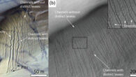 Two examples of Martian dunes with linear dune gullies: (a) linear dune gullies on a dune field in Galle crater; (b) linear dune gullies on a dune field in an unnamed crater in the center of Hellas Planitia. Image credit: Roelofs et al., doi: 10.1029/2024GL112860.