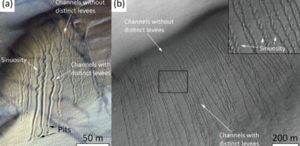 Two examples of Martian dunes with linear dune gullies: (a) linear dune gullies on a dune field in Galle crater; (b) linear dune gullies on a dune field in an unnamed crater in the center of Hellas Planitia. Image credit: Roelofs et al., doi: 10.1029/2024GL112860.