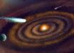 This artist’s impression shows the evolution of heavy water molecules as they have been observed in giant molecular clouds, a planet forming-disk, and comets -- before they eventually may have made their way to Earth. Image credit: NSF / AUI / NSF’s NRAO / P. Vosteen / B. Saxton.