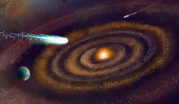 This artist’s impression shows the evolution of heavy water molecules as they have been observed in giant molecular clouds, a planet forming-disk, and comets -- before they eventually may have made their way to Earth. Image credit: NSF / AUI / NSF’s NRAO / P. Vosteen / B. Saxton.