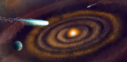 This artist’s impression shows the evolution of heavy water molecules as they have been observed in giant molecular clouds, a planet forming-disk, and comets -- before they eventually may have made their way to Earth. Image credit: NSF / AUI / NSF’s NRAO / P. Vosteen / B. Saxton.