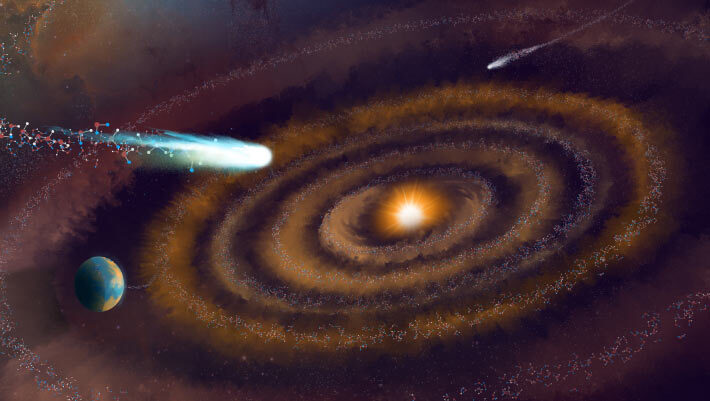 This artist’s impression shows the evolution of heavy water molecules as they have been observed in giant molecular clouds, a planet forming-disk, and comets -- before they eventually may have made their way to Earth. Image credit: NSF / AUI / NSF’s NRAO / P. Vosteen / B. Saxton.