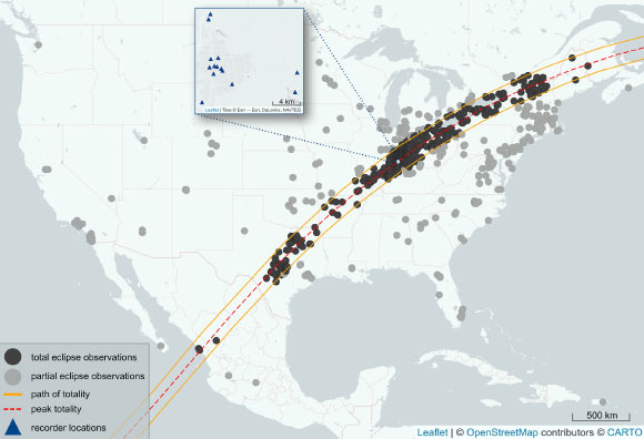 Circles indicate distinct SolarBird app observations submitted on April 8, 2024. Image credit: Aguilar et al., doi: 10.1126/science.adx3025.