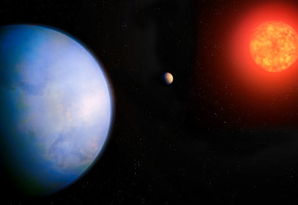An artist’s conception of the Gliese 251 system, showing Gliese 251c (left), its host star (right), and the previously-discovered planet Gliese 251b (middle). Image credit: Michael Marcheschi / m2design.