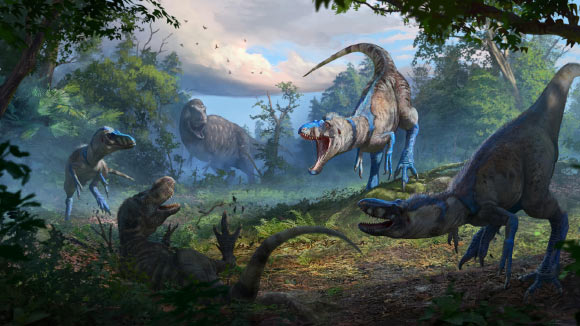A pack of Nanotyrannus brazenly attacks a juvenile Tyrannosaurus rex. Image credit: Anthony Hutchings.