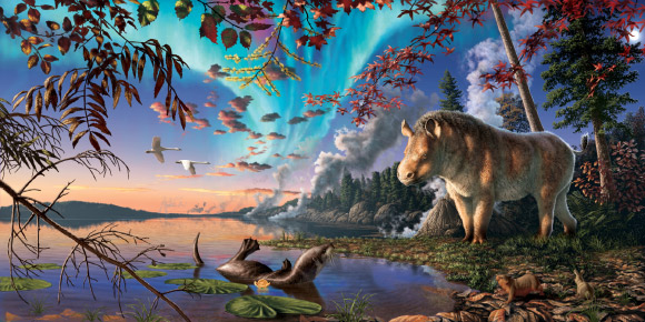Life restoration of Epiaceratherium itjilik, at its forested lake habitat, Devon Island; the plants and animals shown are based on fossil finds at the site, including the transitional seal species Puijila darwini. Image credit: Julius Csotonyi.