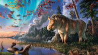 Life restoration of Epiaceratherium itjilik, at its forested lake habitat, Devon Island; the plants and animals shown are based on fossil finds at the site, including the transitional seal species Puijila darwini. Image credit: Julius Csotonyi.
