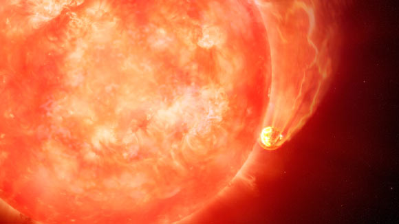 An artist’s impression of a Sun-like star engulfing a giant exoplanet. Image credit: International Gemini Observatory / NOIRLab / NSF / AURA / M. Garlick / M. Zamani