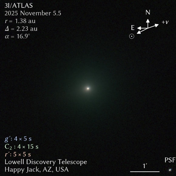 This image of 3I/ATLAS was captured on October 31, 2025, by Lowell Observatory astronomer Qicheng Zhang. Image credit: Qicheng Zhang / Lowell Observatory.