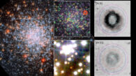 The image shows NGC 1866 superimposed with a false color image from the MUSE data cube, where the ionized shell of the planetary nebula Ka LMC 1 is seen as a red ring. The grayscale insets illustrate the different size of the ionized shells of singly ionized nitrogen [N II] and doubly ionized oxygen [O III]. The magnified Hubble image near the center of the ring reveals the presence of a pale blue star -- most probably the hot central star of Ka LMC 1. Image credit: AIP / M.M. Roth / NASA / ESA / Hubble.
