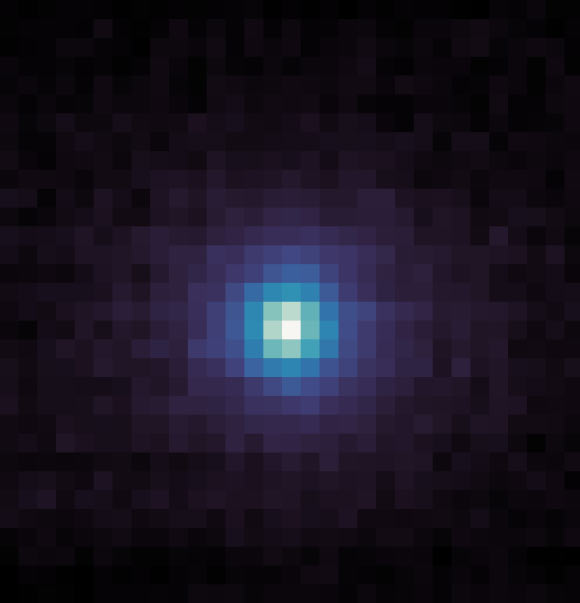 This ultraviolet image shows the coma of 3I/ATLAS as seen on October 9, 2025, by NASA’s MAVEN spacecraft using its IUVS camera. The brightest pixel at center indicates where the comet is. The surrounding bright pixels show where hydrogen atoms were detected coming from the comet. Image credit: NASA / Goddard / LASP / CU Boulder.