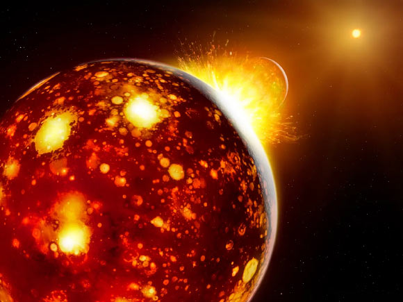 An artist’s impression of the collision between the proto-Earth and Theia. Image credit: MPS / Mark A. Garlick.