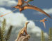 Reconstruction of a Late Triassic landscape, approximately 215 million years ago; a lagerpetid, a close relative of pterosaurs, is perched on a rock, observing pterosaurs flying overhead. Image credit: Matheus Fernandes.