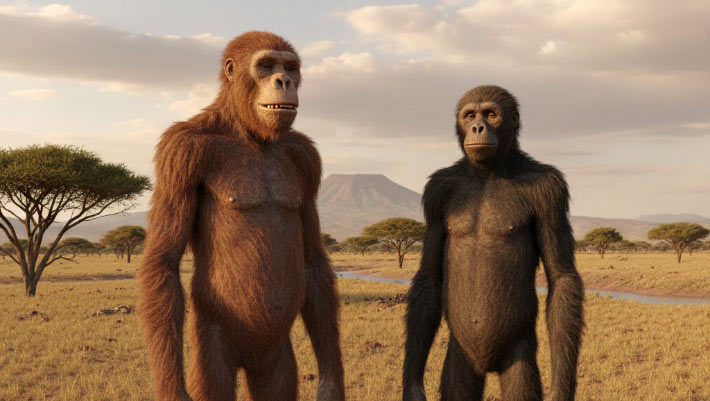Australopithecus deyiremeda and Australopithecus afarensis. Image credit: Gemini AI.