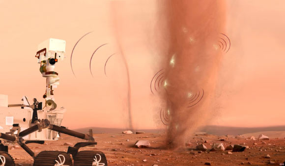 Detection of electric discharges in dust devils by the SuperCam instrument on board NASA’s Perseverance rover on Mars. Image credit: Nicolas Sarter.