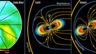 Allen et al. compared space weather impacts of a fast solar wind structure (first panel) driving an intense solar storm at Earth in 2019 (second panel) with conditions observed at Uranus by Voyager 2 in 1986 (third panel) to potentially solve a 39-year-old mystery about the extreme radiation belts found. Image credit: SwRI.