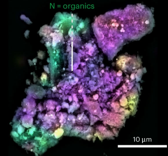 Electron microscopy of a particle from the sample from Bennu. Image credit: Sandford et al., doi: 10.1038/s41550-025-02694-5.