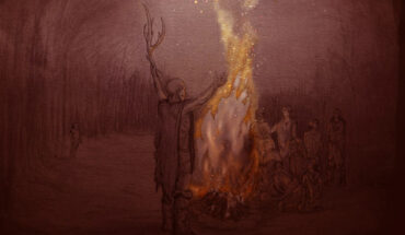 An artist’s impression of fire at Barnham around 400,000 years ago. Image credit: Craig Williams / The Trustees of the British Museum.