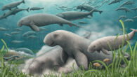 An artistic reconstruction of a herd of Salwasiren qatarensis foraging on the seafloor. Image credit: Alex Boersma.