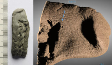 Photo of caulking fragment showing fingerprint on the left and high-resolution X-ray tomography scan of fingerprint region on the right. Image credit: Erik Johansson / Sahel Ganji.