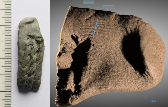Photo of caulking fragment showing fingerprint on the left and high-resolution X-ray tomography scan of fingerprint region on the right. Image credit: Erik Johansson / Sahel Ganji.