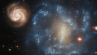 This Hubble image shows the galaxy pair Arp 4. Image credit: NASA / ESA / Hubble / J. Dalcanton, Dark Energy Survey / DOE / FNAL / DECam / CTIO / NOIRLab / NSF / AURA.