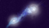 An artist’s impression of a rare trio of merging galaxies, J121/1219+1035, which host three actively feeding, radio-bright supermassive black holes and whose jets light up the surrounding gas. Image credit: NSF / AUI / NRAO / P. Vosteen.