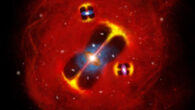 An artist’s impression of the forming galaxy cluster SPT2349-56: radio jets from active galaxies embedded in a hot intracluster atmosphere (red), illustrating a large thermal reservoir of gas in the nascent cluster. Image credit: Lingxiao Yuan.